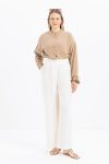 Ecru Pleated Wide Leg Linen Trousers