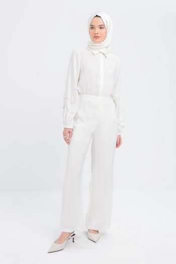 Ecru Side-Zippered Modal Wide Leg Pants