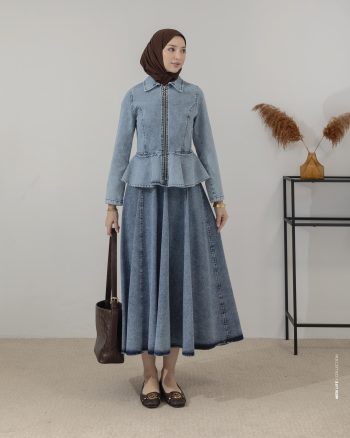 Ice Blue Denim Skirt Suit with Zipper