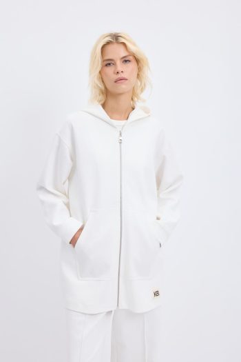 Ecru Hooded Cardigan with Zipper and Kangaroo Pockets