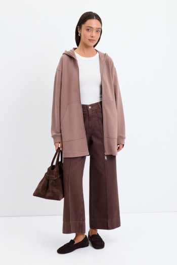 Dusty Brown Hooded Cardigan with Zipper and Kangaroo Pockets
