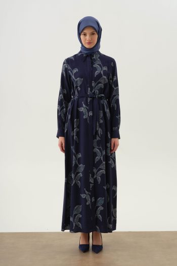 Floral Yaprak Desenli Elbise - Lacivert