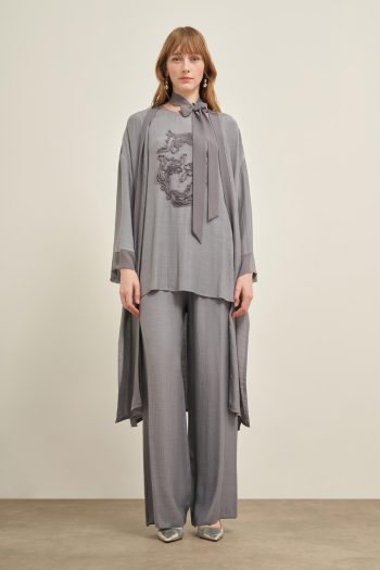 FTZ Women's Embroidered 3-Piece Linen Suit in Grey 30760