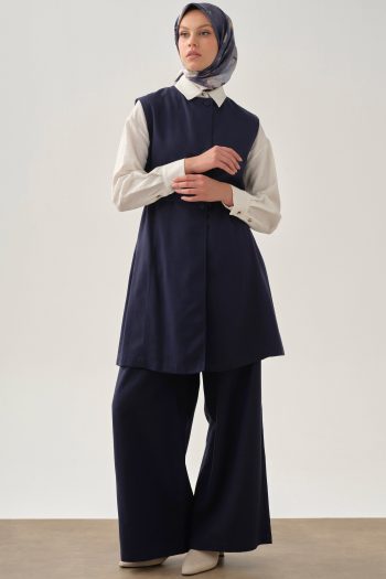 Pleated Detail Trousers with Hidden Pockets - Navy Blue