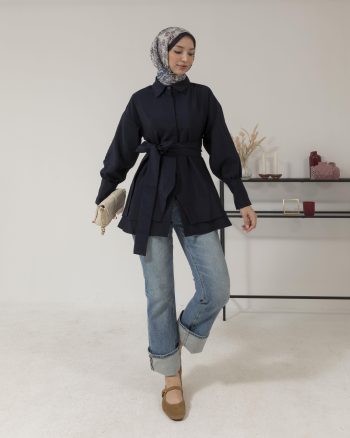 Navy Blue Shirt with Hidden Buttons