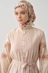 Mandarin Collar Embroidered Sleeve Dress - Beige