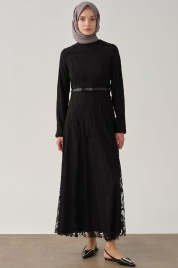 Ready Belted Lace Dress - Black