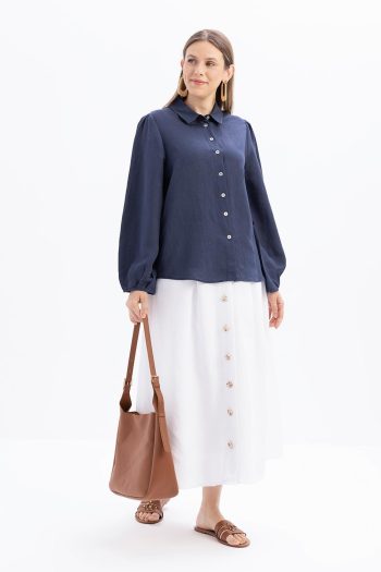 Indigo Cuff Pleat Detail Linen Shirt