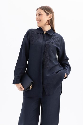 Indigo-Embroidered Linen Shirt Tunic