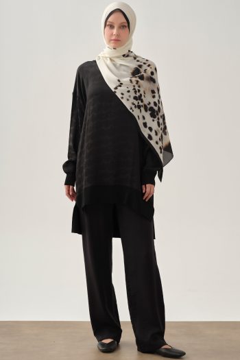 Jacquard Patterned Knit Detailed Tunic - Black