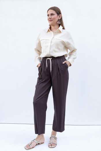 Coffee-Colored Elastic Waist Wide Leg Pants