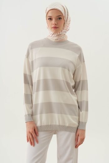 Thick Striped Knit Tunic - Gray