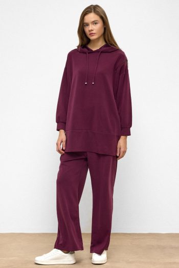 Burgundy Hooded Zippered Accessorized Sweatpants Loose Modal Suit 9382-TK