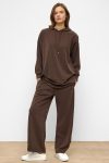 Hooded Zippered Accessory Sweatpants Loose Modal Set COFFEE 9382-TK