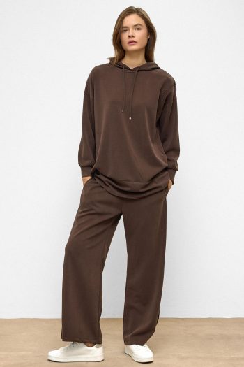 Hooded Zippered Accessory Sweatpants Loose Modal Set COFFEE 9382-TK