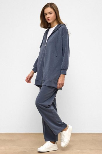 Indigo Hooded Zip-Up Premium Fabric Sweatpants Set with Stone Detail 9371-TK