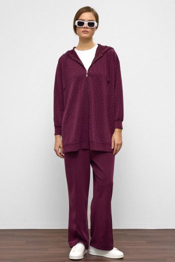 Burgundy Hooded Zippered Premium Fabric Sweatpants Set with Gem Details 9371-TK