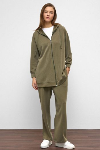 Hooded Zippered Stone Embellished Premium Fabric Sweatpants Set KHAKI 9371-TK
