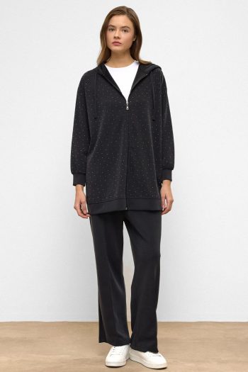 Hooded Zip-Up Premium Fabric Sweatpants Set with Gem Detail - BLACK 9371-TK