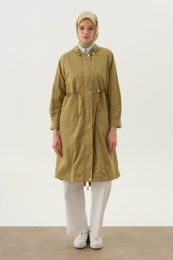 Hooded Elastic Detail Coat - Olive