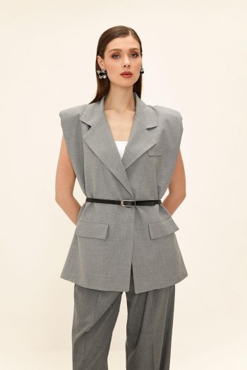 Oversized Vest with Belt Detail in Grey 8261