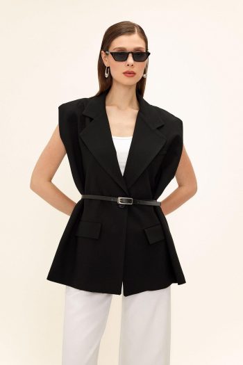 Oversized Vest with Belt Detail BLACK 8261