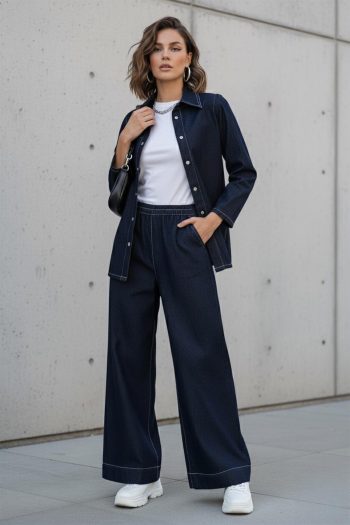 Navy Blue Denim Jacket and Pants Set with Snap Button Details 9344-TK