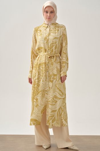 Kemerli Desenli Uzun Tunik - Safran