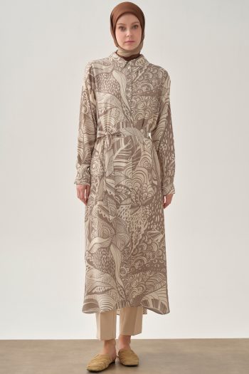 Belted Patterned Long Tunic - Mink