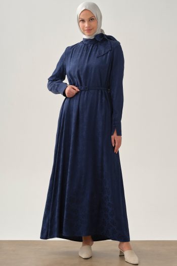 Jacquard Dress with Belt - Indigo