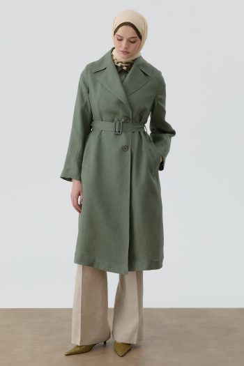 Belted Linen Trench Coat - Khaki