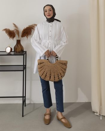 Belted Textured White Shirt