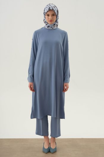 Light Blue Pleated Button Detail Tunic