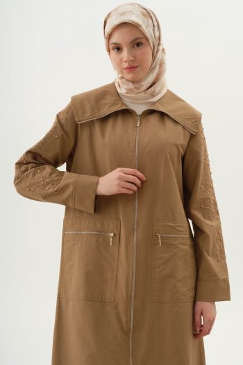 Embroidered and Pearl-Detailed Trench Coat - Camel