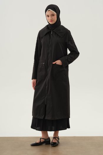 Embroidered and Pearl-Detailed Trench Coat - Black