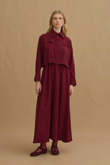 Sleeveless Tencel Dress Shirt Set in Burgundy