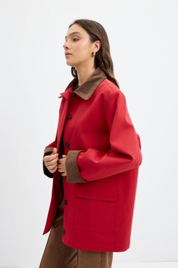 Red Gabardine Jacket with Contrast Collar and Pocket