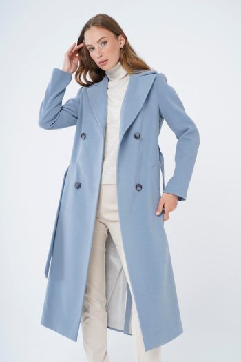 Crossover Belted Midi Coat in Blue 3754