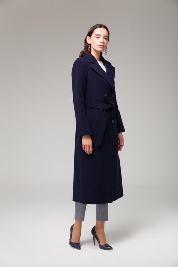 Navy Blue Mid-Length Belted Crossover Coat 3754