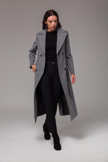 Grey Mid-Length Belted Crossover Coat 3754
