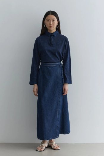 Navy Blue Denim Skirt with Crossover Closure