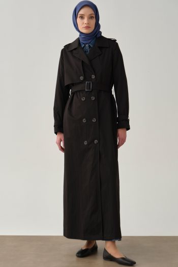 Crossover Sleeve Belted Overcoat - Black