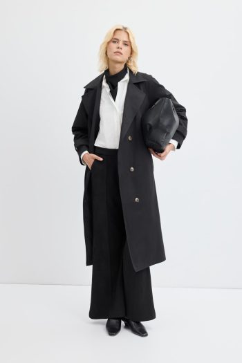 Double-Breasted Long Trench Coat in Black