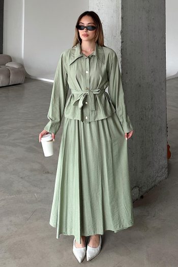Belted Skirt Suit in Light Green 9348-TK