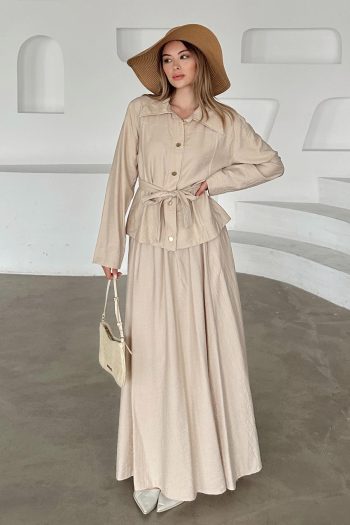 Belted Skirt Suit in Beige 9348-TK