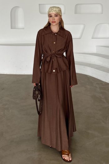 Kuşak Detaylı Etek Ceket Takım KAHVE 9348-TK