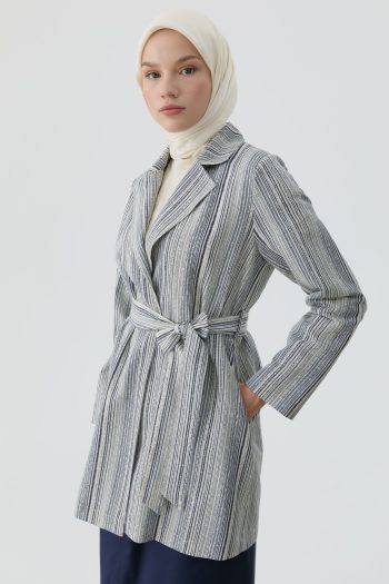 Striped Belted Blazer Jacket - Indigo