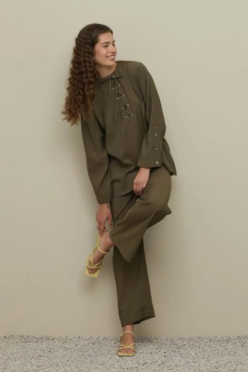 Eyelet Detail Pant Suit in Khaki