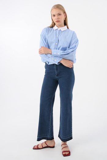 Blue Plus-Size Cotton Stretch Wide Leg Denim Trousers