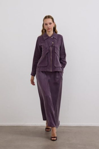 Melosh Zippered and Pleated Skirt Suit in Purple
